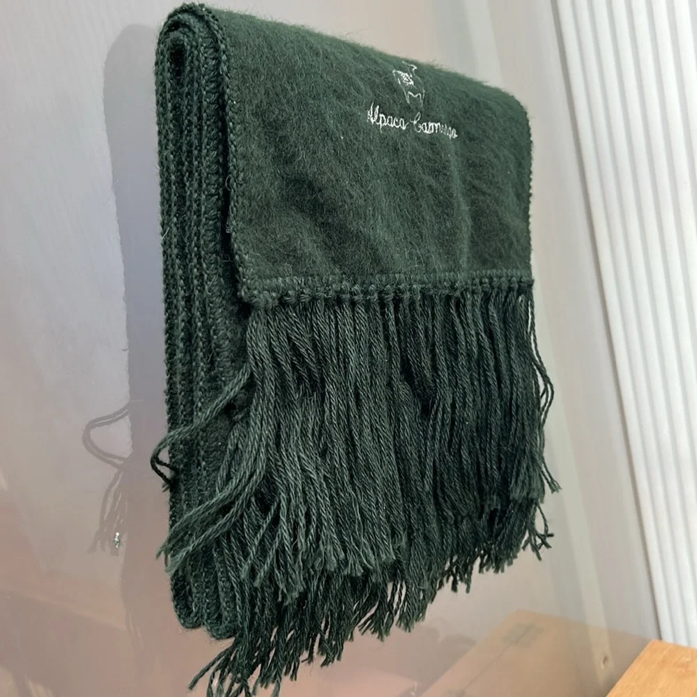 🦙🌲Dark Green Fringed Long Scarf by Alpaca Camargo | Oblong 9”W x 68”L + Fringe